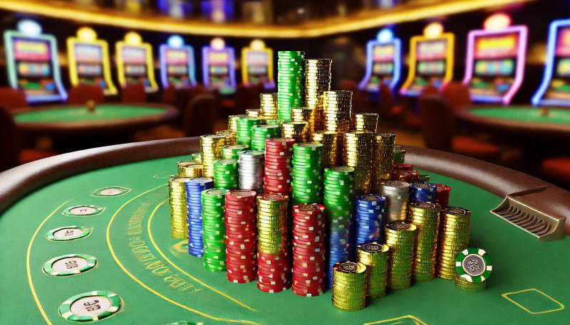 A casino table covered in green felt, piled high with colorful coins in vibrant shades of gold, silver, red, blue, and green. The scene includes scattered chips and classic casino markings, with a lively, well-lit background featuring blurred views of other tables.